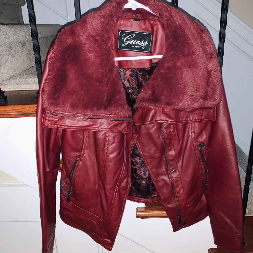 Maroon Guess leather jacket with fur